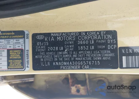 2016 Kia Rio Lx from USA, damaged, VIN KNADM4A30G6576715